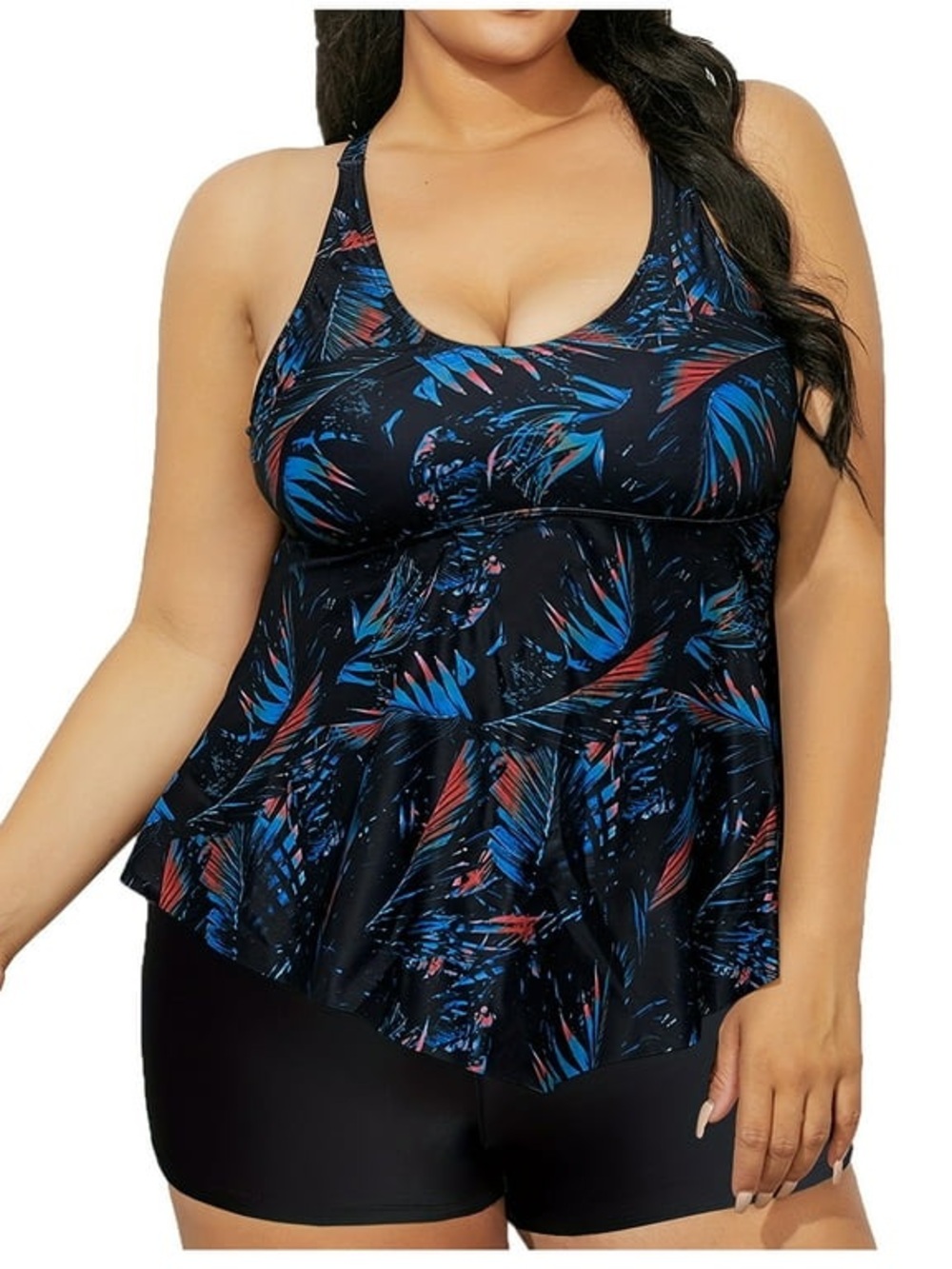 Black Tropical Print Plus-Size Tankini Swim Top with Blue and Red Accents